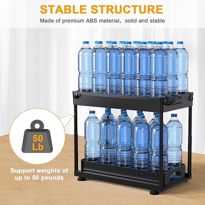 Under Sink Organizers and Storage, 2 Pack Height Adjustable Bathroom Cabinet Organizer, 2 Tier Sliding Under Sink Organizer, Sturdy Pull Out Bathroom Storage, with 12 Hooks & Hanging Cups, Black