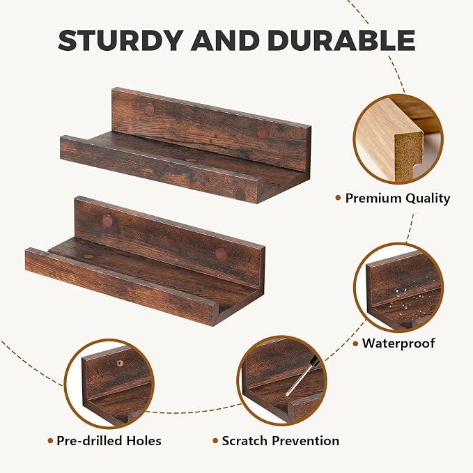 Muzilife 12" Small Floating Wall Ledge Shelves with Lip - Set of 2 Wood Floating Shelves - Walnut Brown Wall Mounted Picture Ledge for Office, Bathroom, Bedroom, Living Room, Kitchen