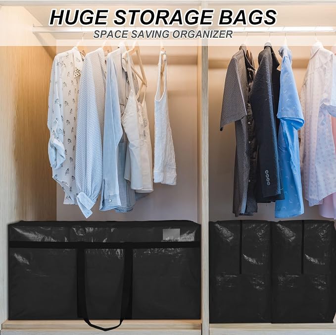 Windyun 4 Pack 98 Gallon Extra Large Moving Bags XXL Heavy Duty Storage Bag with Strong Zipper Handle Jumbo Big Tote Box Foldable for College Dorm Travel Clothes Duffle Blanket Pillow(Black)