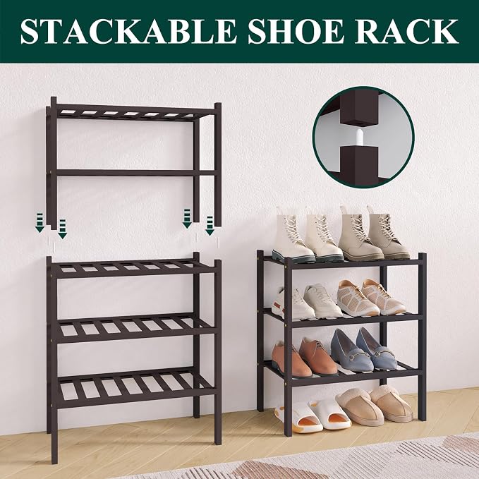 Smiry Bamboo Shoe Rack for Closet, 2 Tier Small Wooden Shoe Organizer, Stackable Wood Shoe Storage Shelf for Entryway, 14 Vertical Slats, One-piece Heavy-Duty Legs, 17.32"x11.02"x12.99", Brown
