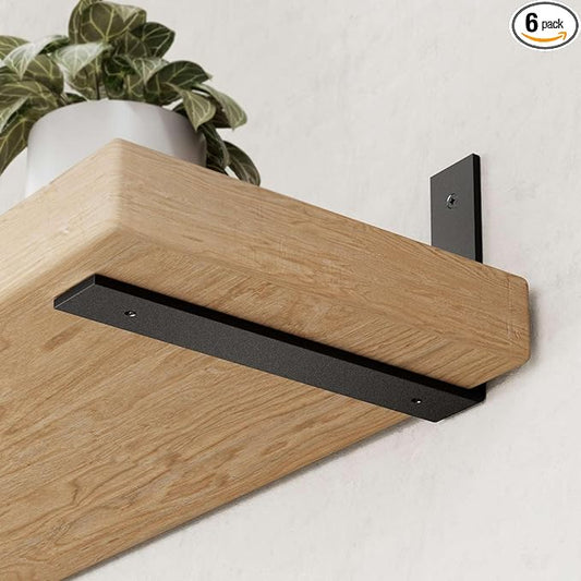 6-Pack Heavy Duty 12-Inch Black Shelf Brackets, L Shelf Bracket 12 Inch for Floating Shelves, 1/5-Inch Thick