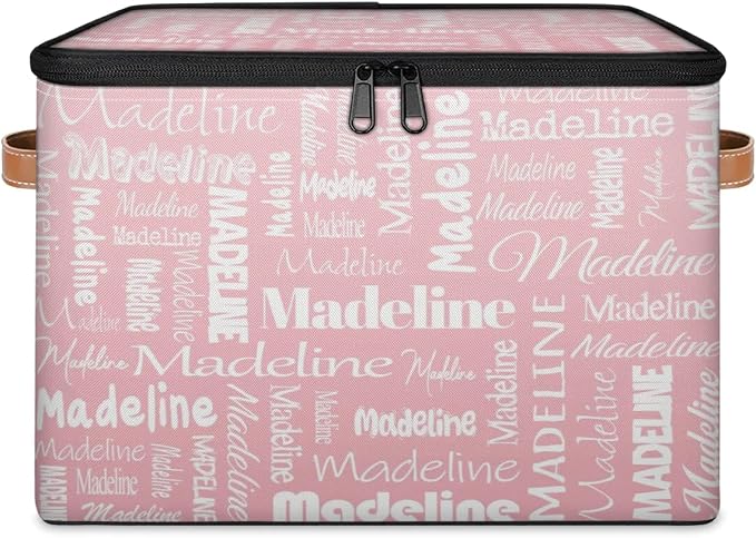 Custom Storage Basket with Name, Personalized Keepsake Box with Zipper Lid, Foldable Fabric Memory Bin Large capacity with Handle Pink