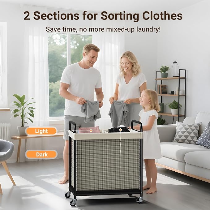 ELYKEN Laundry Hamper 2 Section, 100L Rolling Laundry Sorter with Removable Liner Bag, Laundry Basket with Wheels, Steel Frame with Metal Handle, Clothes Hamper Cart for Laundry Room & Bedroom