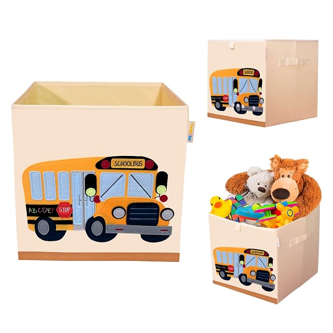 Washable Cube Storage Organizer Bins, Foldable Canvas Toy Organizers and Storage for Toys, Books, Clothes- Kids Storage Bins for Bedroom or Playroom -13x13x13 Inch (School Bus)