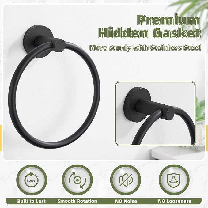 APLusee Round Hand Towel Ring for Bathroom Wall, Solid Stainless Steel Wall Mounted Bathroom Towel Holder, Modern Matte Black