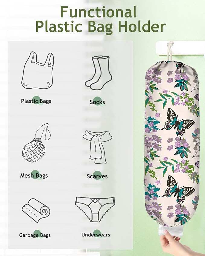 Plastic Bag Holder Organizer - 1 Pack Reusable Canvas Grocery Bags Holder Hanging Wall Cute Aesthetic Shopping Bag Storage Dispenser with Drawstring Closure for Kitchen Home, Butterfly