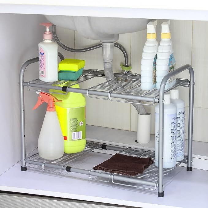 NEX 2-Tier Under Sink Shelf Organizer Storage Rack with Flexible & Expandable 15'' to 27'' for Kitchen Bathroom Cabinets