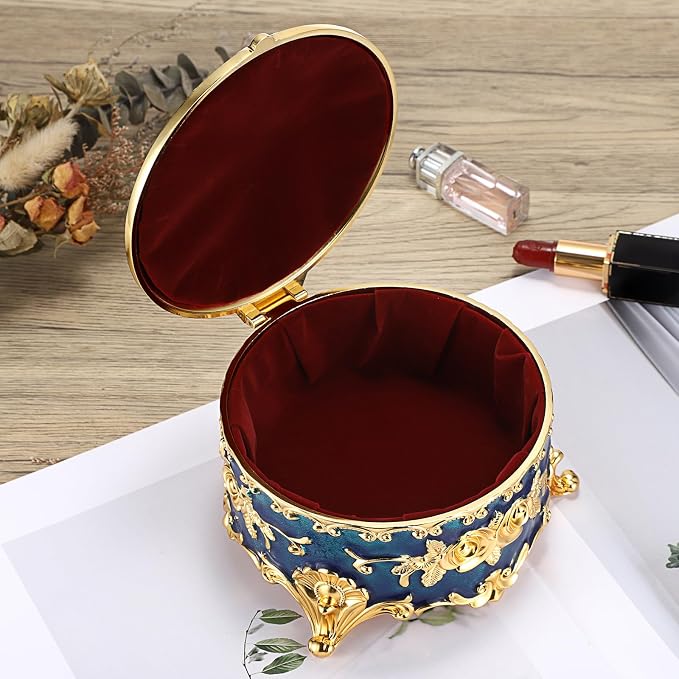 Hipiwe Vintage Jewelry Box Metal Keepsake Box Round Treasure Storage Case for Ring Earrings Necklace Holder Wedding Birthday Gift for Woman, Blue, 5.7" L x 5.1" W x 3.5" H