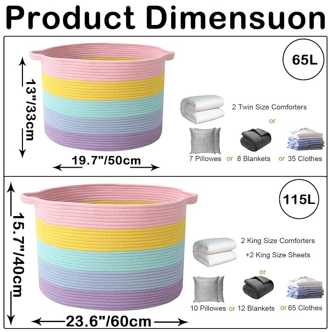 115L Large Blanket Basket,23.6" L x 23.6" W x 15.7" H Rope Woven Baskets with Handles, Toys Storage Bins,Laundry Basket Perfect for Living Room, Nursery,Bedroom,Home Organization,Colorful