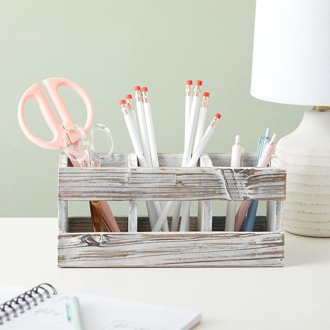 Juvale Farmhouse Decor 3-Compartment Pencil Holder & Desk Organizer - 9.5 x 4.25 x 4 in - Cedarwood Rustic Finish - Rustic Pen Organizer for Office & Classroom