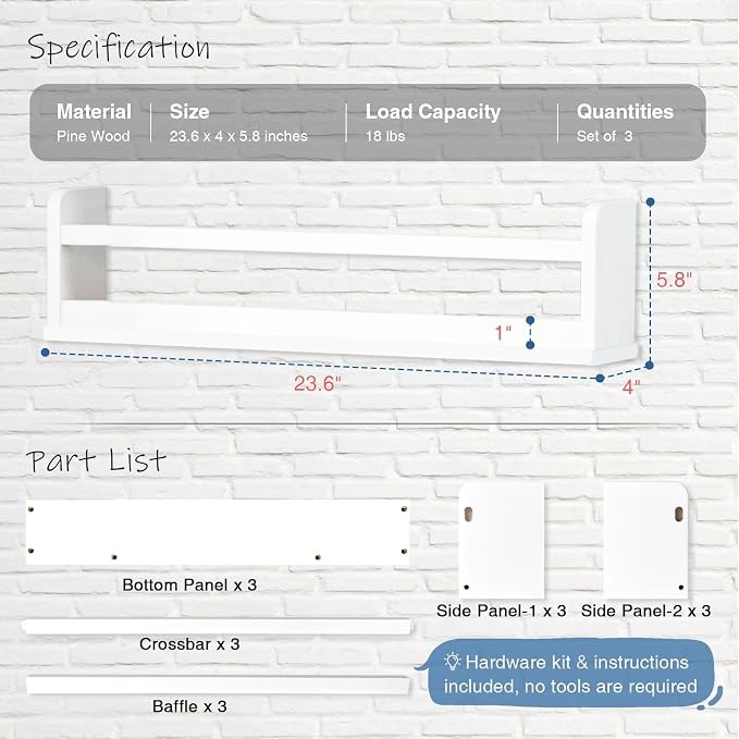 Harwaya White Wall Bookshelf for Kids Room, 24 Inch Toddler Nursery Bookshelf Wall Mounted for Baby Boy Girl Bedroom, Floating Childrens Book Shelves with Hanging Rod for Books - Set of 3