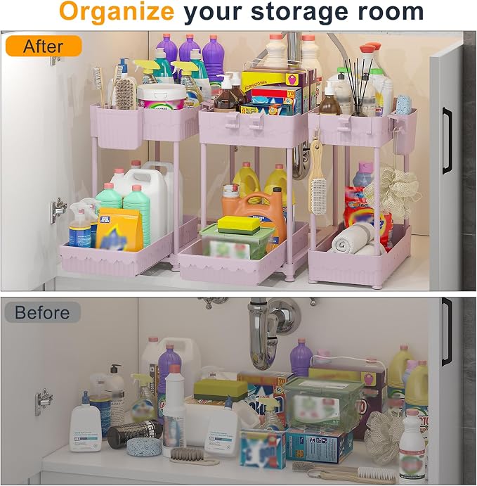 Sevenblue 3-Pack 2-Tier Under Sink Organizers with Sliding Drawers | Multi-use kitchen & bathroom storage, 12.8 inch pink cabinet organizer, space-saving sliding drawer design.