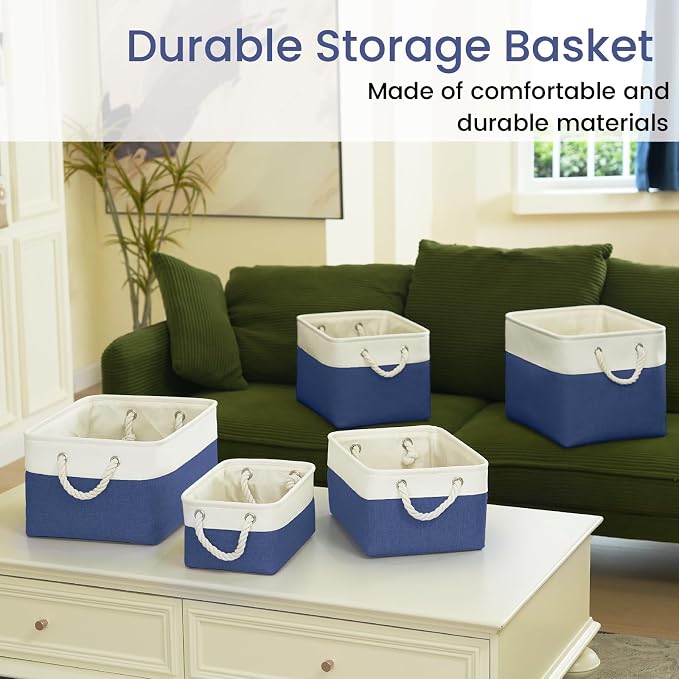 Large Storage Baskets- 15x11x10 inch Storage Bins for Shelves and Closet Organizing, Foldable Fabric Bin for Home Organization Clothes and Laundry (1-Pack, White&Blue)