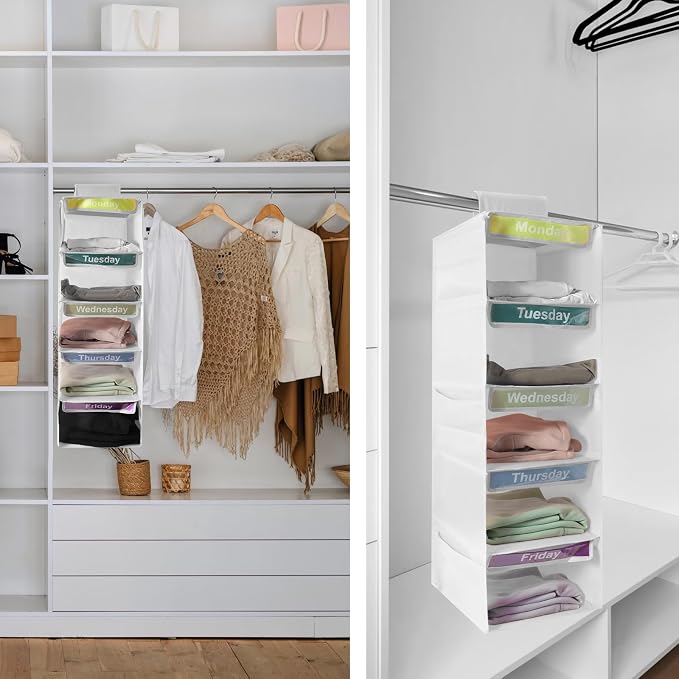 5 Shelf Weekly Hanging Closet Organizer Monday Through Friday Clothes White | Days of The Week Hanging Storage Shelves Foldable, Daily Close Organizer for Kids with 6 Side Pockets