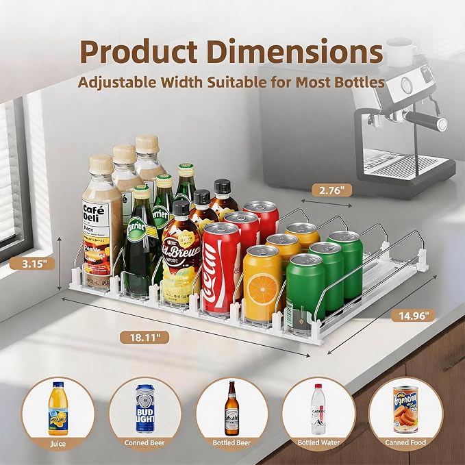 HIYOHIYO 6 Row Automatic Soda Can Organizer for Refrigerator, Depth 15" | Auto Push, Adjustable Width, Automatic Pushing Drink Dispenser for Fridge, Spring Loaded Can Pusher Holds up to 30 Cans