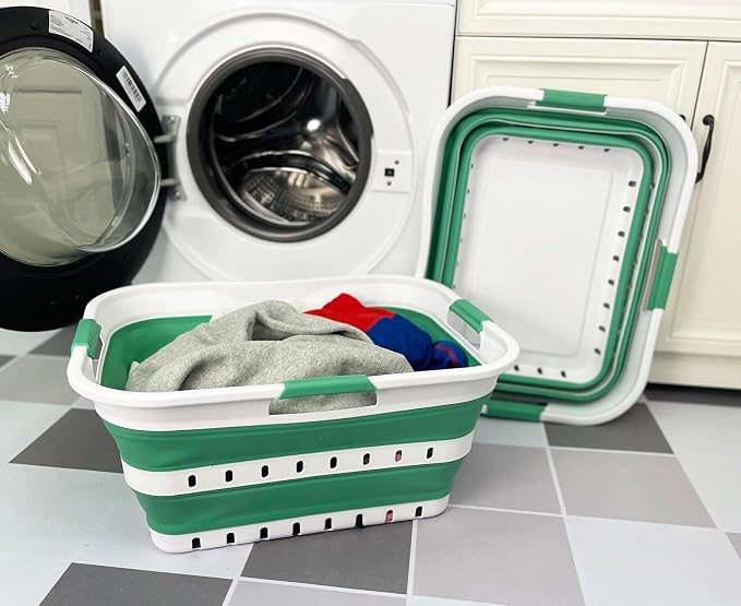 SAMMART 42 (11 Gallons) Collapsible Plastic Laundry Basket, Foldable Pop Up Storage Container/Organizer, Space Saving Hamper, Portable Bin for Dorm Room Bathroom (2, White/Winter Green)