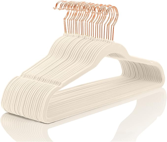 MIZGI Premium Velvet Hangers (50 Pack) - Heavy Duty Non Slip Felt - Suit Hangers Ivory & Rose Gold Hooks, Space Saving Closet Organizers