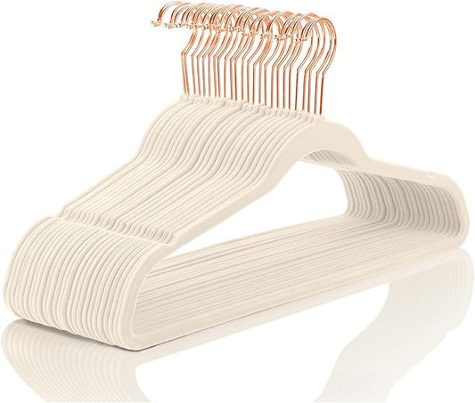 MIZGI Premium Velvet Hangers (50 Pack) - Heavy Duty Non Slip Felt - Suit Hangers Ivory & Rose Gold Hooks, Space Saving Closet Organizers