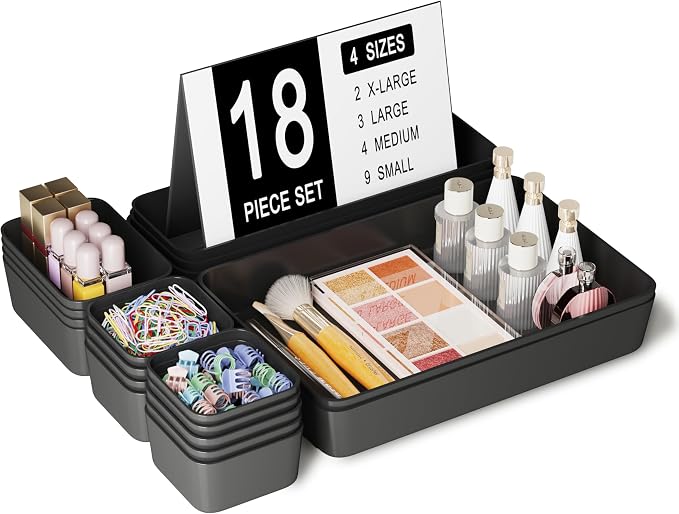 Drawer Organizers Bins 18 PCS for Bathroom Makeup Desk Office | with Non-slip Pads, 4 Sizes, Plastic Tray, Vanity Organizer, Kitchen Utensils Organizer