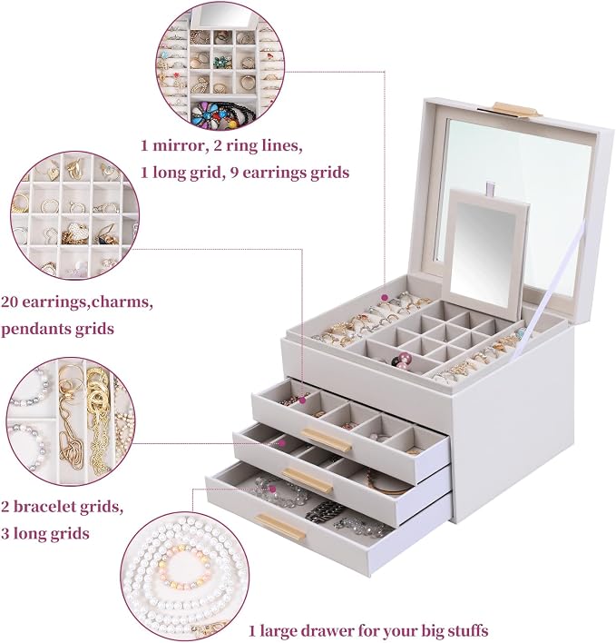 BOOVO Clear Lid Jewelry Box,3 Layers Jewelry Organizer Large Jewelry Storage Box with 2 Drawers,Jewelry Holder Organzier of Rings Earrings Necklace Bracelets for Women (White, 4 Layer)