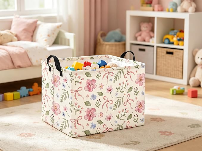 Rectangular Baby Kids Storage Basket for Home Kitchen Girls Cute Toy Storage Bin Organizer Shelf Book Room Decor(Bowknot Flower)