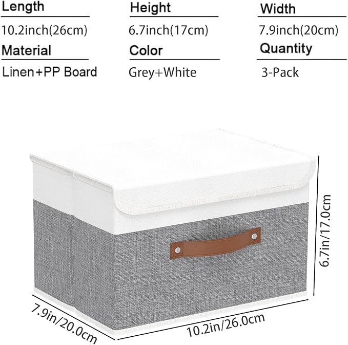 Yawinhe Collapsible Storage Bins, Stackable Boxes with Lids, Cube Clothes Organizer Basket with Handles for Home, Grey and White, 10.2x7.9x6.7 In, 3-Pack, SNK024WGN-3