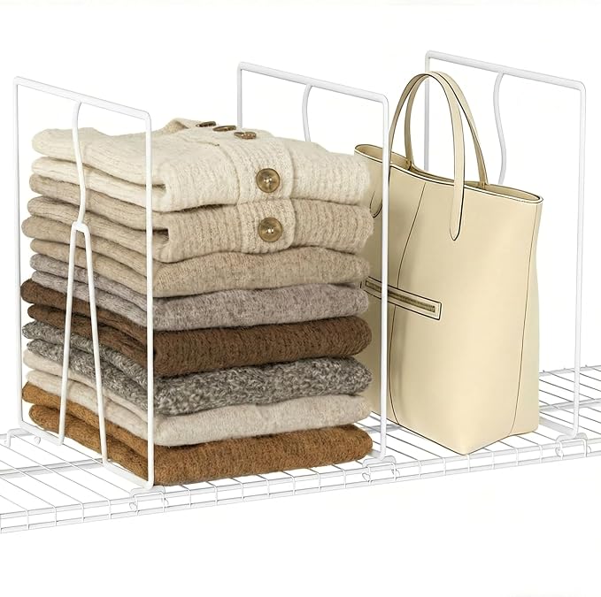 SortNStore Wire Shelf Dividers for Closet: 16-inch Tall 12-inch Deep 6 Pack Wire Rack Accessories - Adjustable Purse Organizer for Sweaters Clothes Towels- Metal Linen Closet Pantry Separators