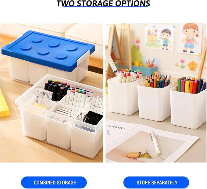 Plastic Storage Bins with Lids, Art Craft Supply Organizer Box with Brush Pot, Multipurpose Stackable Storage Containers for Organizing Tool, Craft, Crayon,Sewing (Blue)