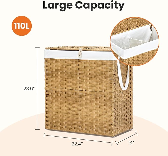 DUMOS Wicker Laundry Basket with Lid, 110L Woven Laundry Hamper with Handles, Foldable Rattan Clothes Hamper with Removable Liner & Sturdy Steel Frame, Goose Yellow