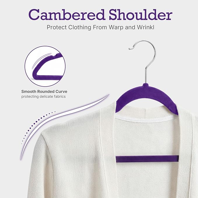 HOUSE DAY Noble-Purple Velvet Hangers 60 Pack, Non Slip Clothes Felt Hanger Heavy Duty for Coat, Premium Slim Space Saving Suit Hangers for Closet Organizer, 360° Rotating Silver Hook