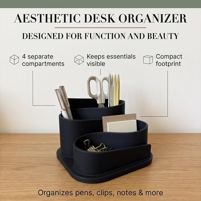OAKOA Black Desk Organizer with Pen Holder - Aesthetic Desk Accessories for Women Office - Black Pencil Holder for Desk - Desktop Organizer Caddy - Cute Desk Decor