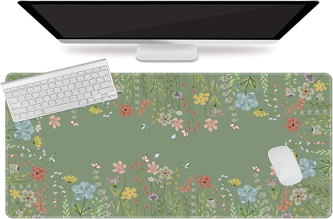 L-SPOUTTO Green Floral Desk Mat for Keyboard and Mouse,XXL Large Mouse Pad | Cute Non-Slip Keyboard Pad Waterproof Desktop Mat for Laptop Computer Work Game Home Office