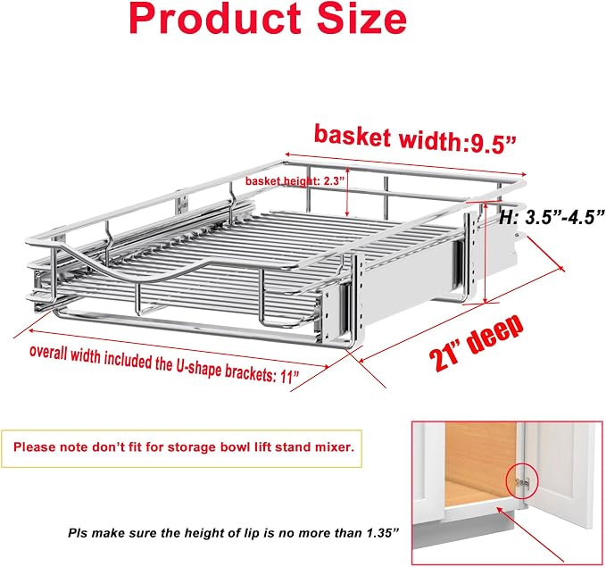 DINDON 1 Tier Pull Out Cabinet Organizer (11" W x 21" D) Heavy-Duty Metal Sliding Drawer Shelf, Slide Out Wire Basket for Kitchen Cabinets, Pantry, Bathroom, Chrome Finish…