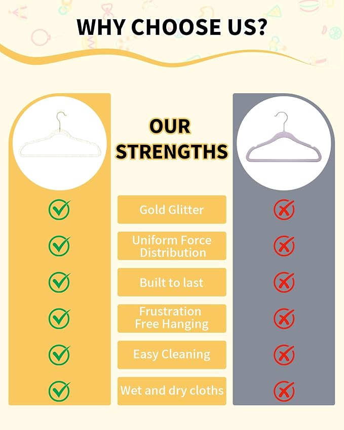 50pcs Slim Clear Toddler Hangers with 10 Connector Hooks for Kid's Closet | Swivel Golden Sparkling Baby Clothes Hangers with Gold Glitter for Infant Coat Outfit, Perchas for Children Boy Gril Nursery