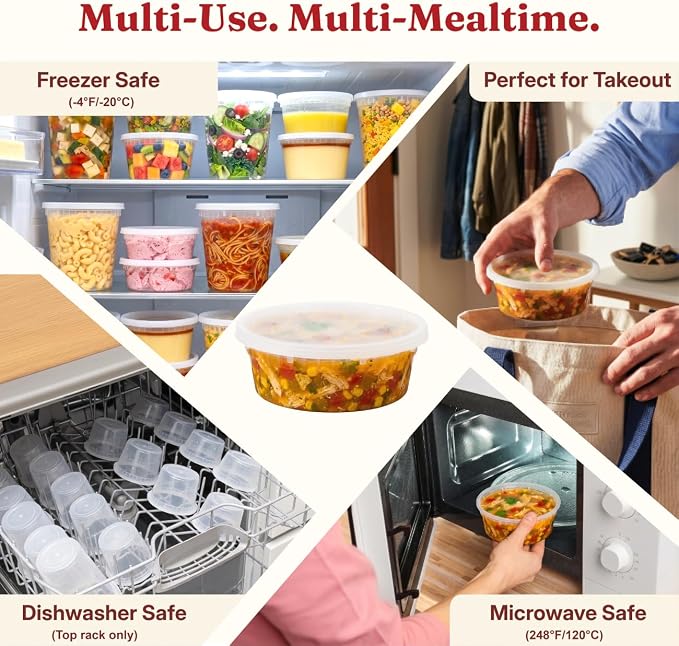 8 oz plastic containers with lids(48Set/96Pcs) BPA-Free Plastic Soup Containers with lids, Freezer Microwave Safe Small Cups for Portion Condiment Dipping Sauce, Salad Dressing