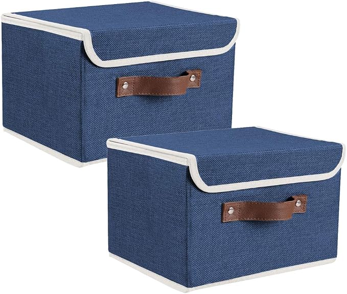 2Pack Storage Bins Boxes with Lids 15"x10"x10" Decorative Storage Baskets | Cotton Linen Fabric, Collapsible, Faux Leather Handles, Storage Cubes, Closet Shelf Clothes Organizer Container, Blue