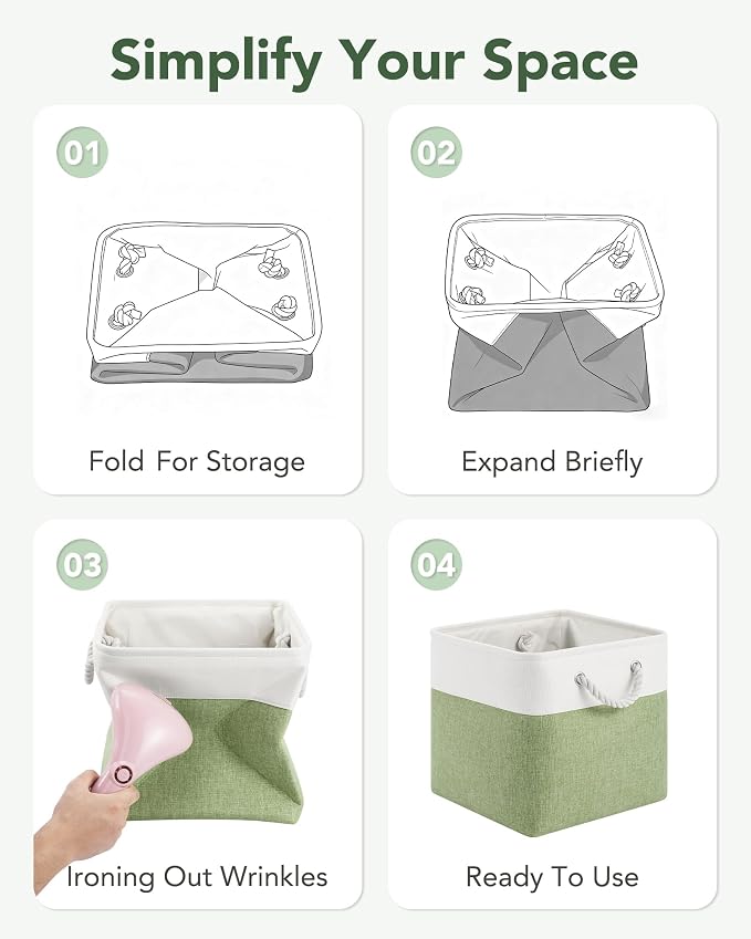 12x12 Storage Cube Bins, 6 Pack Reinforced Bottom Cardboard Foldable Box, Organizer for Closet Shelves, Heavy Home Storage Baskets (White Green)