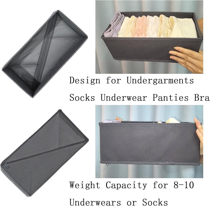 Bructhun Sock Drawer Organizer 3 Pack - Collapsible Fabric Storage Bins for Underwear Divider, Small Closet Organizers with 3 Compartments, Gray