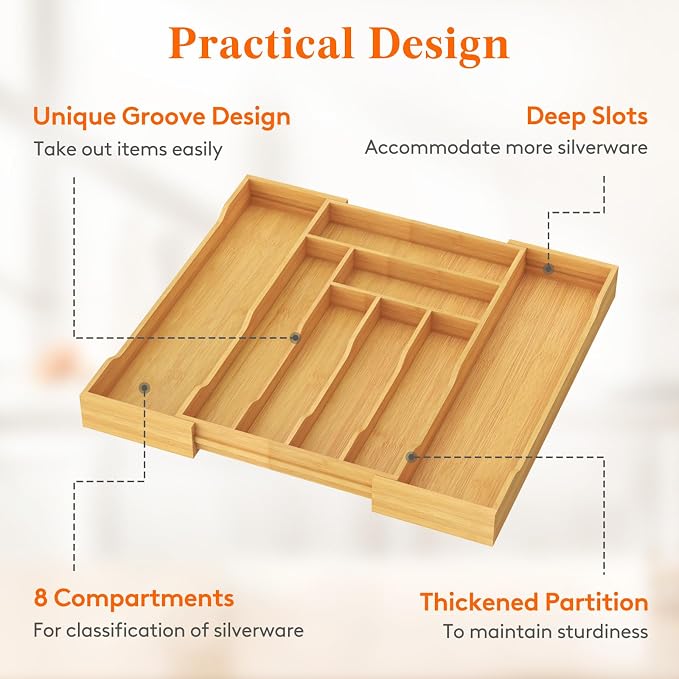 Lifewit Silverware Drawer Organizer, Expandable Utensil Tray for Kitchen, Flatware and Cutlery Holder, Wood Adjustable Storage for Spoons Forks Knives, 10.2-18.1 x 16.7, Natural