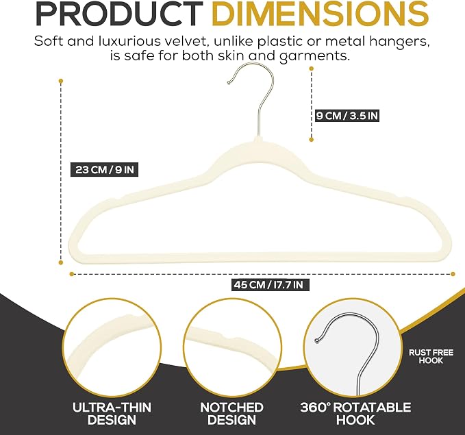 Techzoo Premium Velvet Hangers 30 Pack Ultra Thin Non Slip Adult Felt Space Saving Suit Hanger for Closet Heavy Duty Coat Pants Jackets Dress Hangers 360° Swivel Hook Hold Upto 10 lbs Ivory