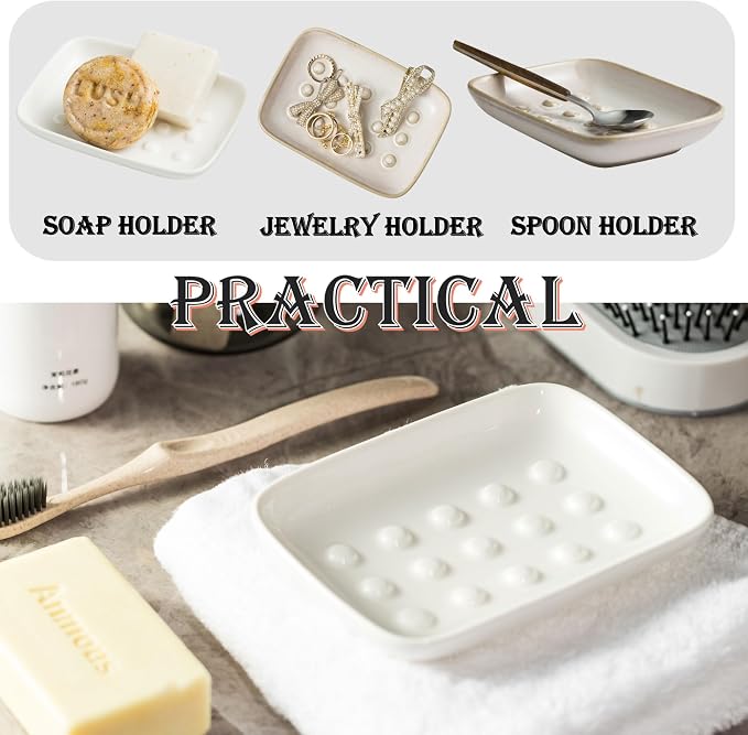 Miamolo Soap Dish, Ceramic Soap Holder Shower Soap Dish for Bar Soap Sponge, Soap Saver Tray for Bathroom Kitchen Sink, White (Pack of 2)