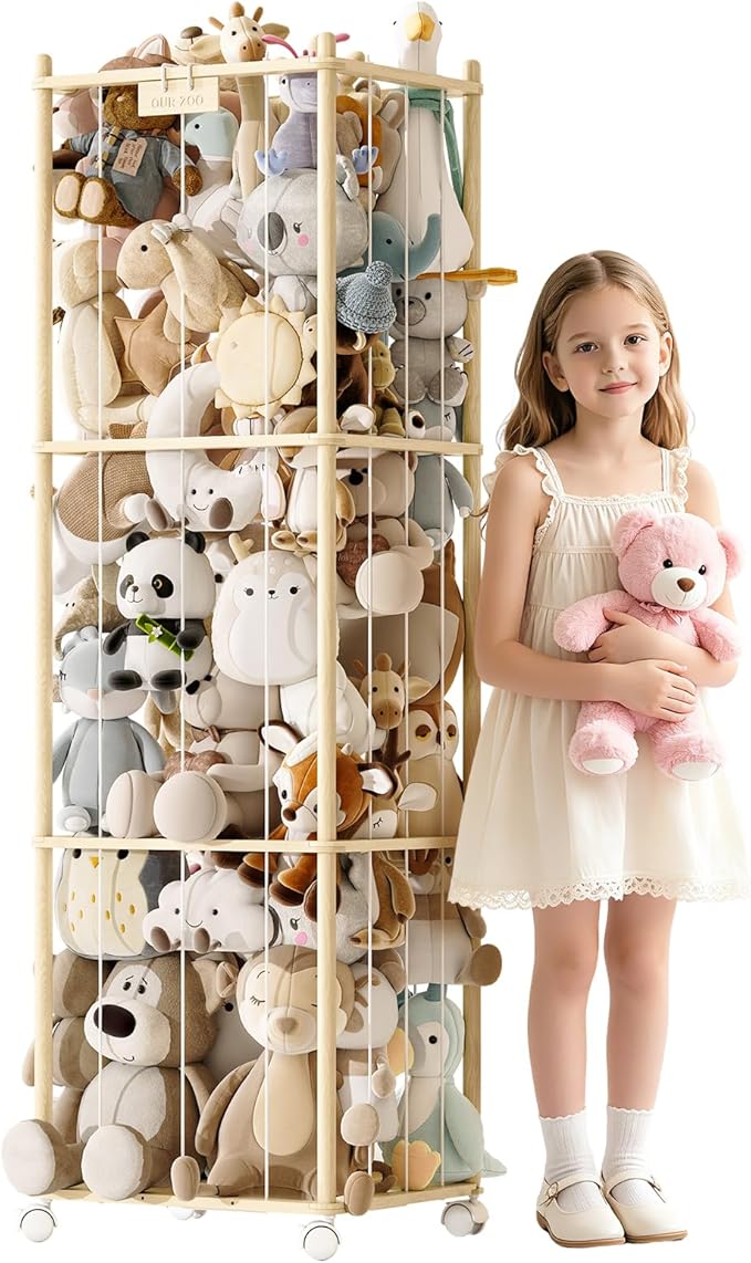 Stuffed Animal Storage Zoo with Wheels,Montessori-Inspired Solid Pine Wood Plush Toy Organizer,Extra Tall Stuffed Animal Holder with Thick Elastic Cords for Nursery,Kids Room and Bedroom,Extra Large