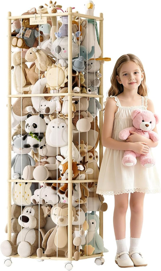 Stuffed Animal Storage Zoo with Wheels,Montessori-Inspired Solid Pine Wood Plush Toy Organizer,Extra Tall Stuffed Animal Holder with Thick Elastic Cords for Nursery,Kids Room and Bedroom,Extra Large