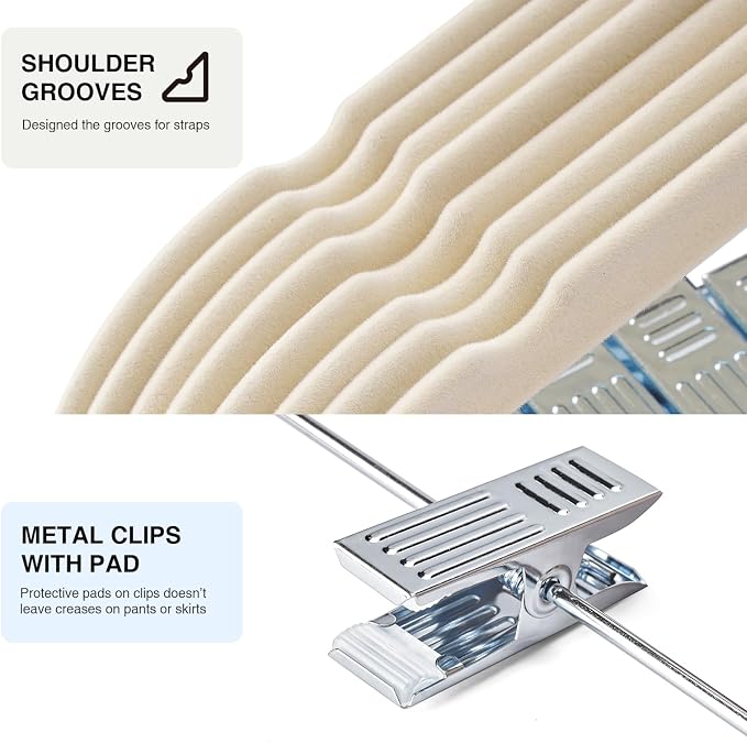 48-Pack Beige Velvet Hangers with Clips Adjustable,Adult Hangers,Heavy-Duty,Felt,Non-Slip,Space Saving,Slim Outfit Hanger for Pants, Skirts, Suits,Coats, Dresses ect.