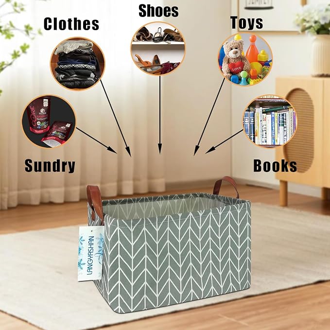 Rectangular Collapsible Grey Point Storage Basket Nursery Organizer | Storage Bin Foldable Canvas with Handles for Organizing Home Kitchen Children Toys Office Closet Shelf Baskets