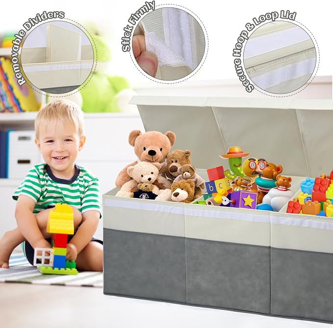 FIIOEOY Extra Large Toy Box with Lids, Collapsible Toy Storage Organizer with Divider for Kids, Sturdy Toy Chest for Bedroom, Nursery, Living Room, Playroom, 40"x14"x16", Gray & White