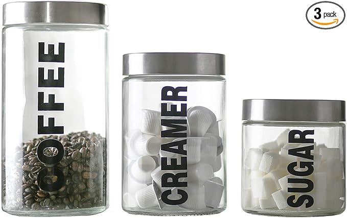 KMwares Glass Food Jars, Clear Storage Containers with Stainless Steel Lid, Airtight Glass Canisters Set for Coffee, Sugar and Creamer Container Set of 3 w Stainless Steel Lids((Sizes/57/44/29 oz)