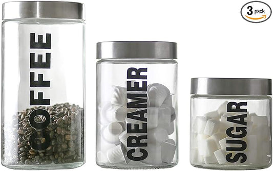 KMwares Glass Food Jars, Clear Storage Containers with Stainless Steel Lid, Airtight Glass Canisters Set for Coffee, Sugar and Creamer Container Set of 3 w Stainless Steel Lids((Sizes/57/44/29 oz)