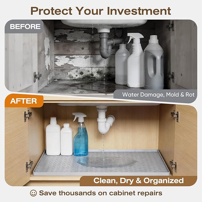TRZZ Silicone Waterproof Under Sink Mat 34" x 22", Drip Tray and Cabinet Liner for Kitchen and Bathroom, Prevents Water Damage and Organizes Cabinets (Light Grey)