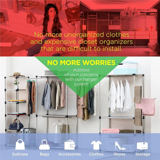 Letusto Premium Stainless Steel Freestanding Closet Organizer System - Easy Assembly, Durable, and Versatile - Heavy Duty Adjustable Portable Wardrobe Clothing Rack (2 Tier)